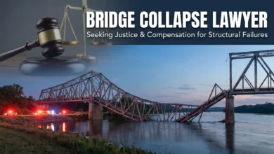 Collapsed steel truss bridge over water with a legal gavel and scales of justice overlay, representing bridge collapse lawyer services and structural failure litigation.