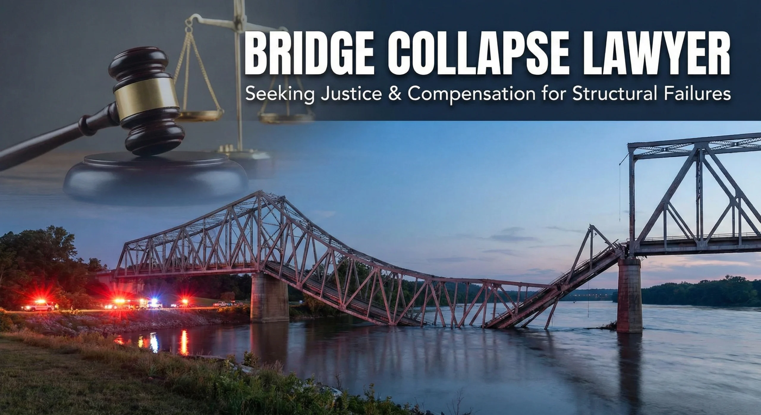 Collapsed steel truss bridge over water with a legal gavel and scales of justice overlay, representing bridge collapse lawyer services and structural failure litigation.