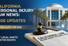 Graphic titled 'CALIFORNIA PERSONAL INJURY LAW NEWS: 2026 UPDATES' with a gavel on legal documents, a newspaper headline reading 'CALIFORNIA LAW: MAJOR INJURY REFORMS 2026', and a California courthouse in the background.
