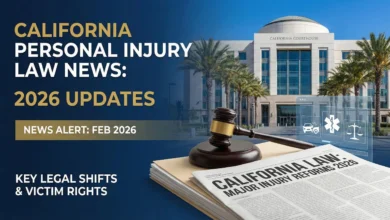 Graphic titled 'CALIFORNIA PERSONAL INJURY LAW NEWS: 2026 UPDATES' with a gavel on legal documents, a newspaper headline reading 'CALIFORNIA LAW: MAJOR INJURY REFORMS 2026', and a California courthouse in the background.