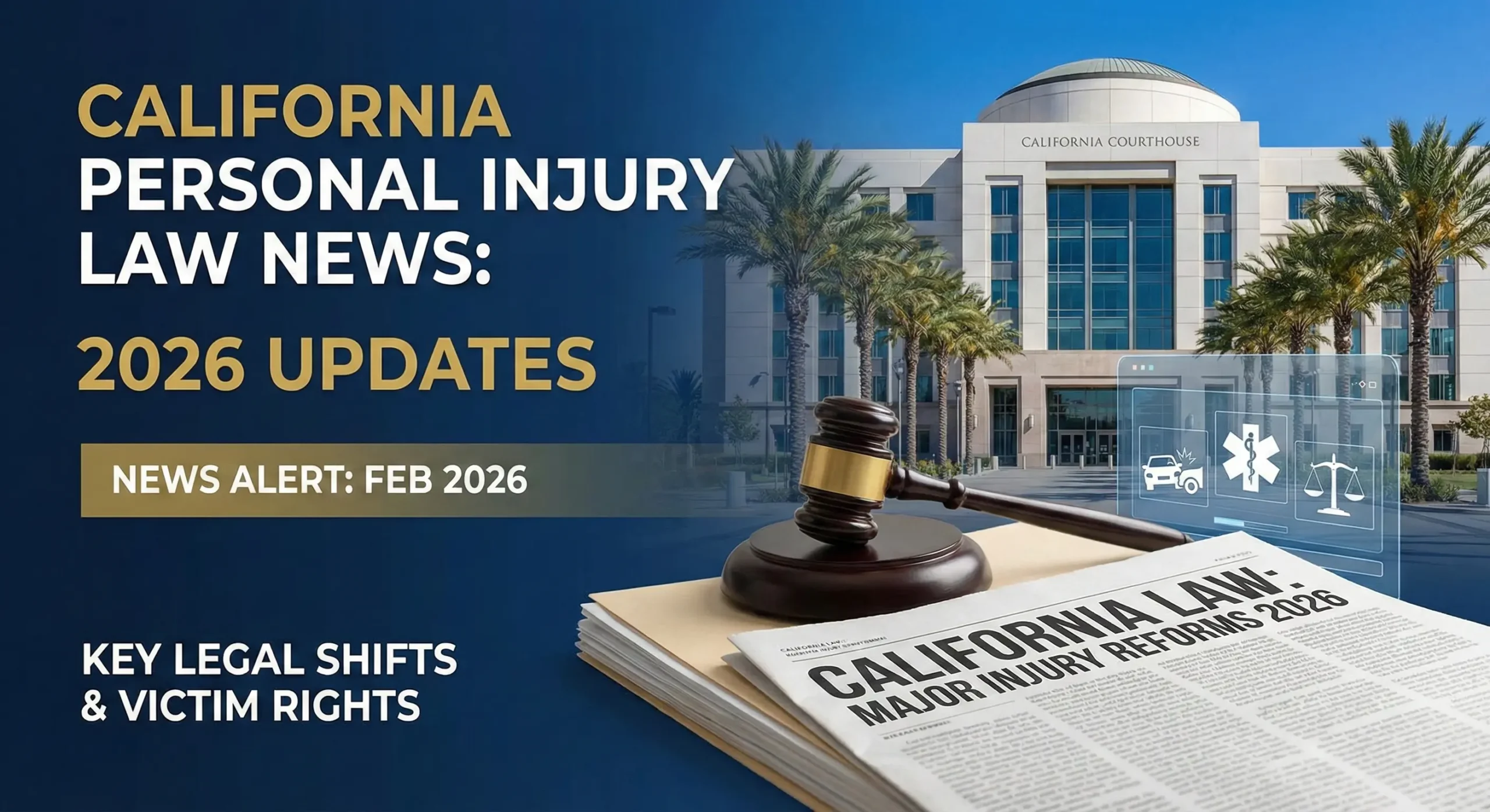 Graphic titled 'CALIFORNIA PERSONAL INJURY LAW NEWS: 2026 UPDATES' with a gavel on legal documents, a newspaper headline reading 'CALIFORNIA LAW: MAJOR INJURY REFORMS 2026', and a California courthouse in the background.