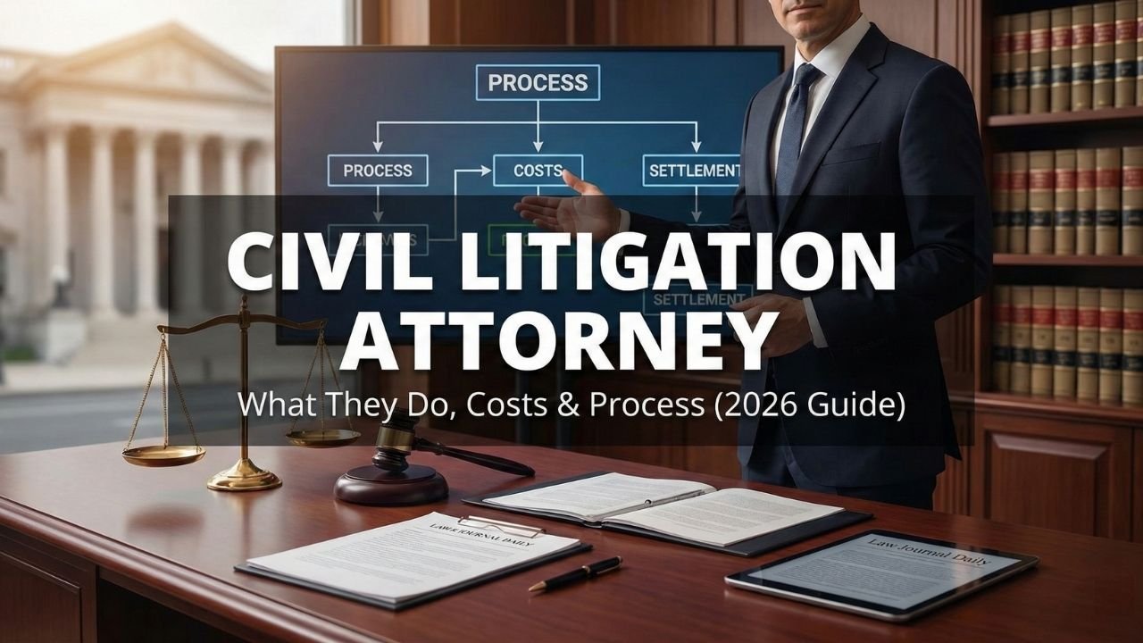 Civil litigation attorney standing in a law office with a digital flowchart showing the lawsuit process, costs, and settlement stages.