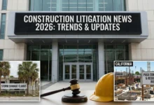 Construction Litigation News 2026 graphic showing a courthouse with a gavel and hard hat, split with scenes of Florida storm damage claims and California PAGA compliance construction sites.