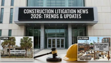 Construction Litigation News 2026 graphic showing a courthouse with a gavel and hard hat, split with scenes of Florida storm damage claims and California PAGA compliance construction sites.