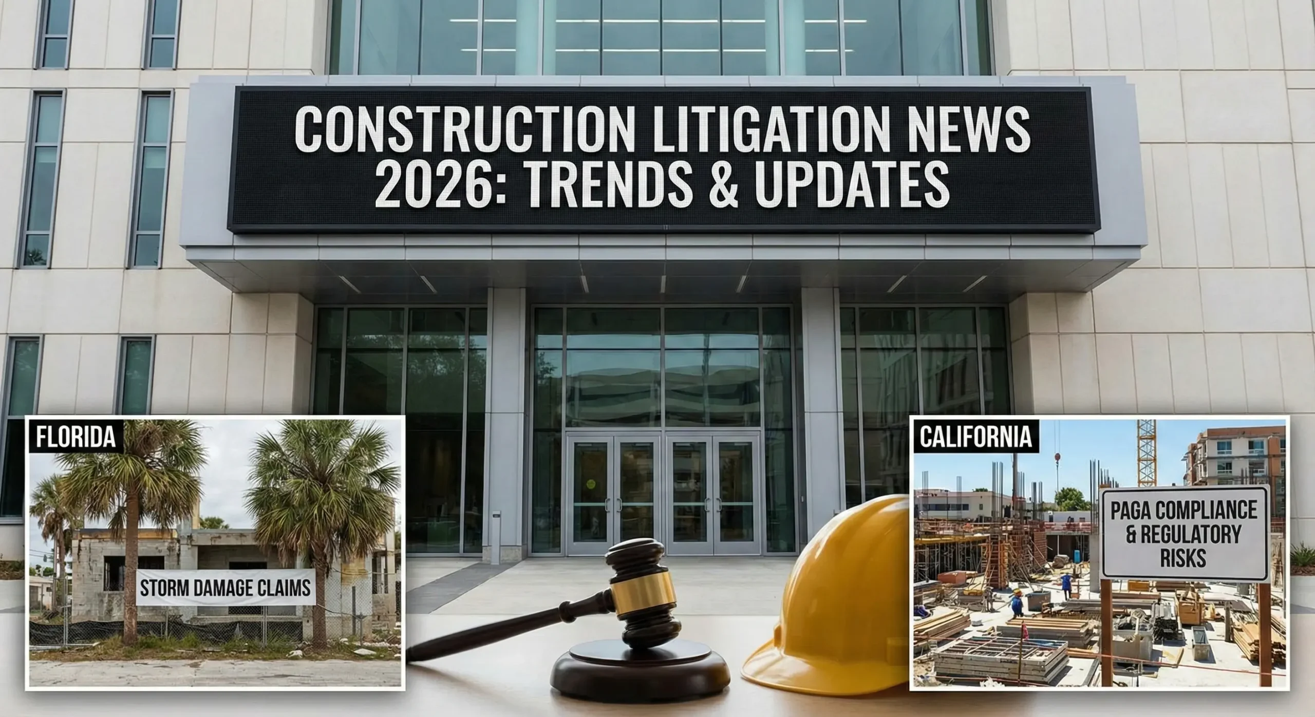 Construction Litigation News 2026 graphic showing a courthouse with a gavel and hard hat, split with scenes of Florida storm damage claims and California PAGA compliance construction sites.