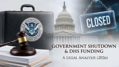 A legal gavel resting on documents beside a Department of Homeland Security (DHS) briefcase and US Capitol background, illustrating the 2026 government shutdown funding deadline and legal implications.