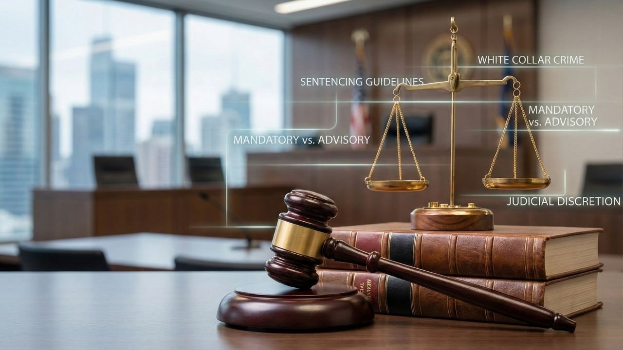 Wooden gavel and scales of justice on law books representing federal sentencing guidelines in white collar crime cases