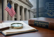 Magnifying glass reviewing a legal contract next to a book titled 'DUE DILIGENCE & U.S. LAW', with a US courthouse and flag in the background, illustrating the legal due diligence process.