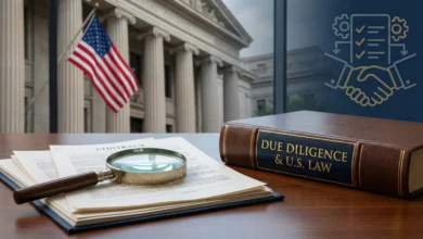 Magnifying glass reviewing a legal contract next to a book titled 'DUE DILIGENCE & U.S. LAW', with a US courthouse and flag in the background, illustrating the legal due diligence process.
