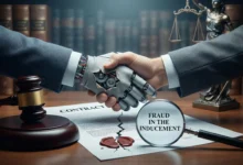 Conceptual illustration of fraud in the inducement showing a handshake with a deceptive robotic hand, a broken contract, and a magnifying glass highlighting the legal term.