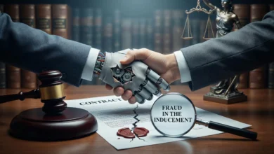 Conceptual illustration of fraud in the inducement showing a handshake with a deceptive robotic hand, a broken contract, and a magnifying glass highlighting the legal term.