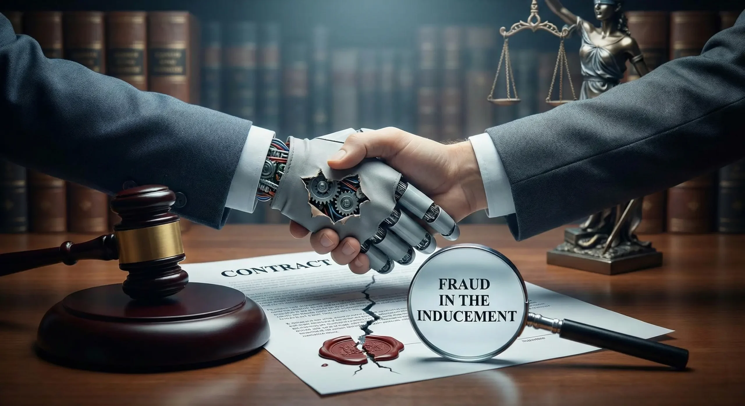 Conceptual illustration of fraud in the inducement showing a handshake with a deceptive robotic hand, a broken contract, and a magnifying glass highlighting the legal term.
