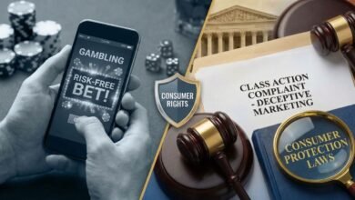 Smartphone displaying a deceptive risk-free bet offer alongside legal documents, a gavel, and a magnifying glass highlighting consumer protection laws, representing gambling addiction class action lawsuits.