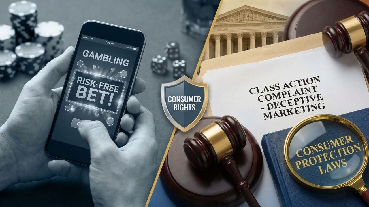 Smartphone displaying a deceptive risk-free bet offer alongside legal documents, a gavel, and a magnifying glass highlighting consumer protection laws, representing gambling addiction class action lawsuits.