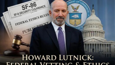 Howard Lutnick standing next to U.S. Capitol and Department of Commerce seal, with SF-86 security clearance forms and a legal gavel, illustrating federal vetting and ethics rules analysis.