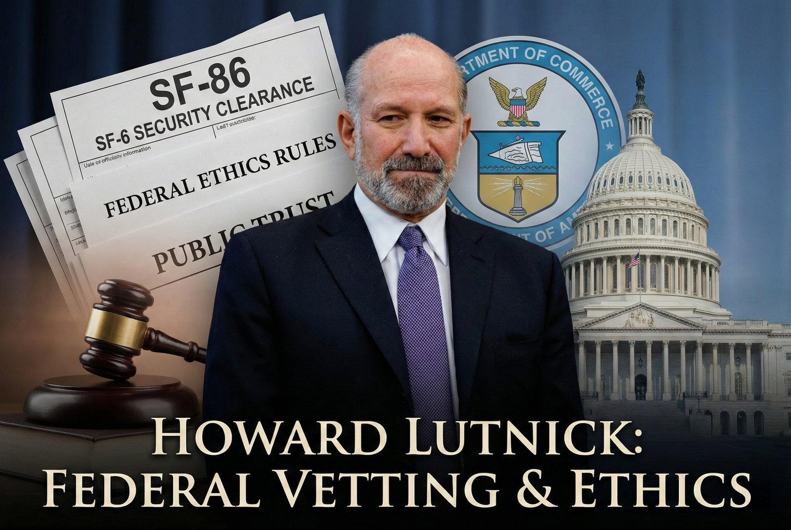 Howard Lutnick standing next to U.S. Capitol and Department of Commerce seal, with SF-86 security clearance forms and a legal gavel, illustrating federal vetting and ethics rules analysis.