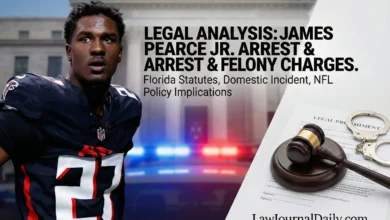 Atlanta Falcons player James Pearce Jr. in uniform, contrasted with legal elements including a gavel, handcuffs, and police lights. Text overlays read: 'Legal Analysis: James Pearce Jr. Arrest & Felony Charges. Florida Statutes, Domestic Incident, NFL Policy Implications' for LawJournalDaily.com.
