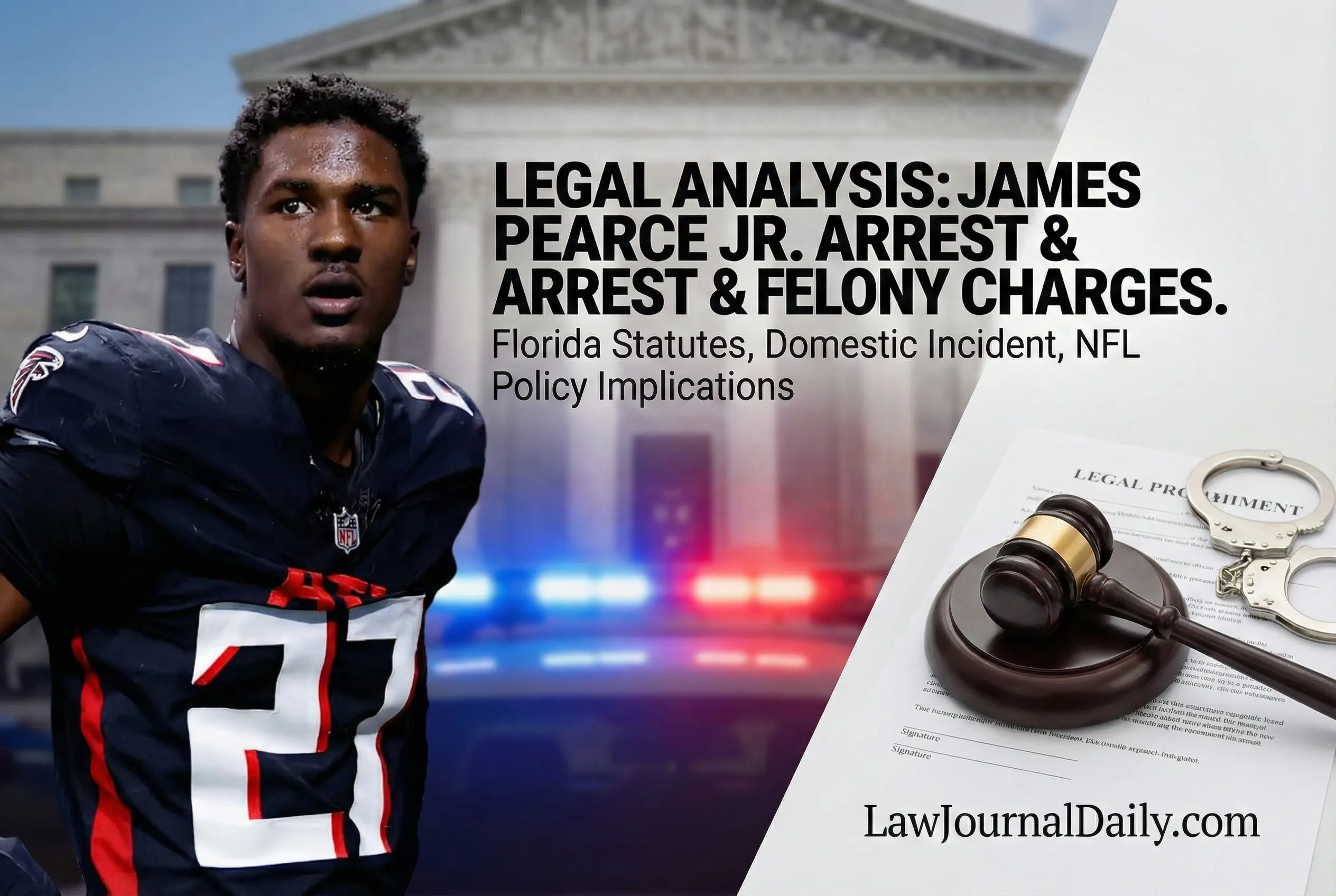 Atlanta Falcons player James Pearce Jr. in uniform, contrasted with legal elements including a gavel, handcuffs, and police lights. Text overlays read: 'Legal Analysis: James Pearce Jr. Arrest & Felony Charges. Florida Statutes, Domestic Incident, NFL Policy Implications' for LawJournalDaily.com.