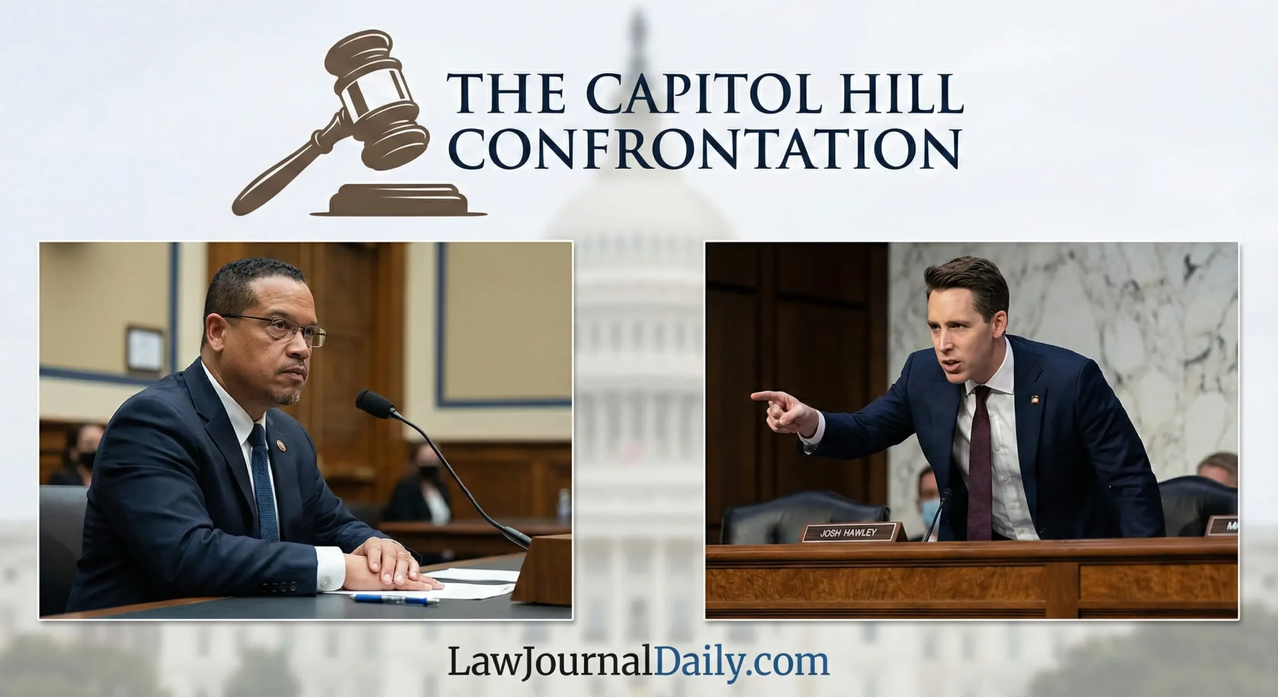 Split-screen comparison showing Minnesota AG Keith Ellison listening calmly while Senator Josh Hawley points aggressively during a heated Senate Judiciary Committee hearing on Capitol Hill.