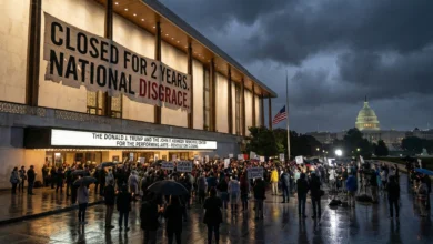Kennedy Center building in Washington D.C. with a large banner reading 'Closed for 2 Years', surrounded by protesters and news crews during a gloomy evening. Capitol building visible in the background.
