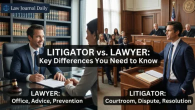 Split screen comparison showing a professional lawyer working in a corporate office versus a confident litigator arguing a case in a courtroom. Visual representation of Litigator vs Lawyer differences.