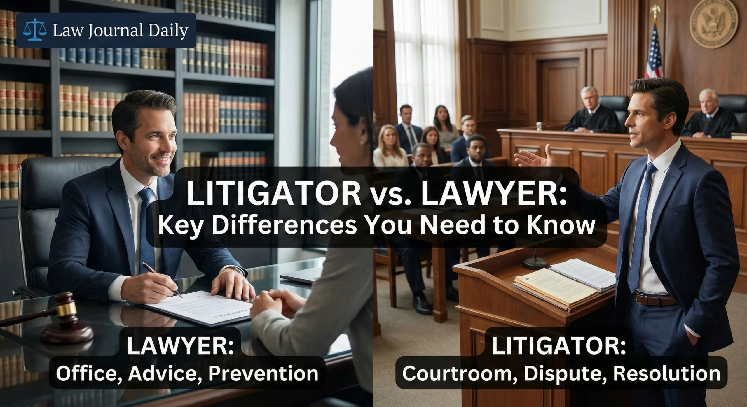 Split screen comparison showing a professional lawyer working in a corporate office versus a confident litigator arguing a case in a courtroom. Visual representation of Litigator vs Lawyer differences.