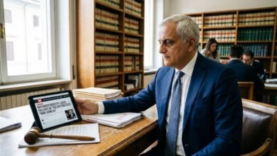Former MEP Nicola Caputo reviewing legal documents regarding mistaken identity claims in unsealed Epstein files.