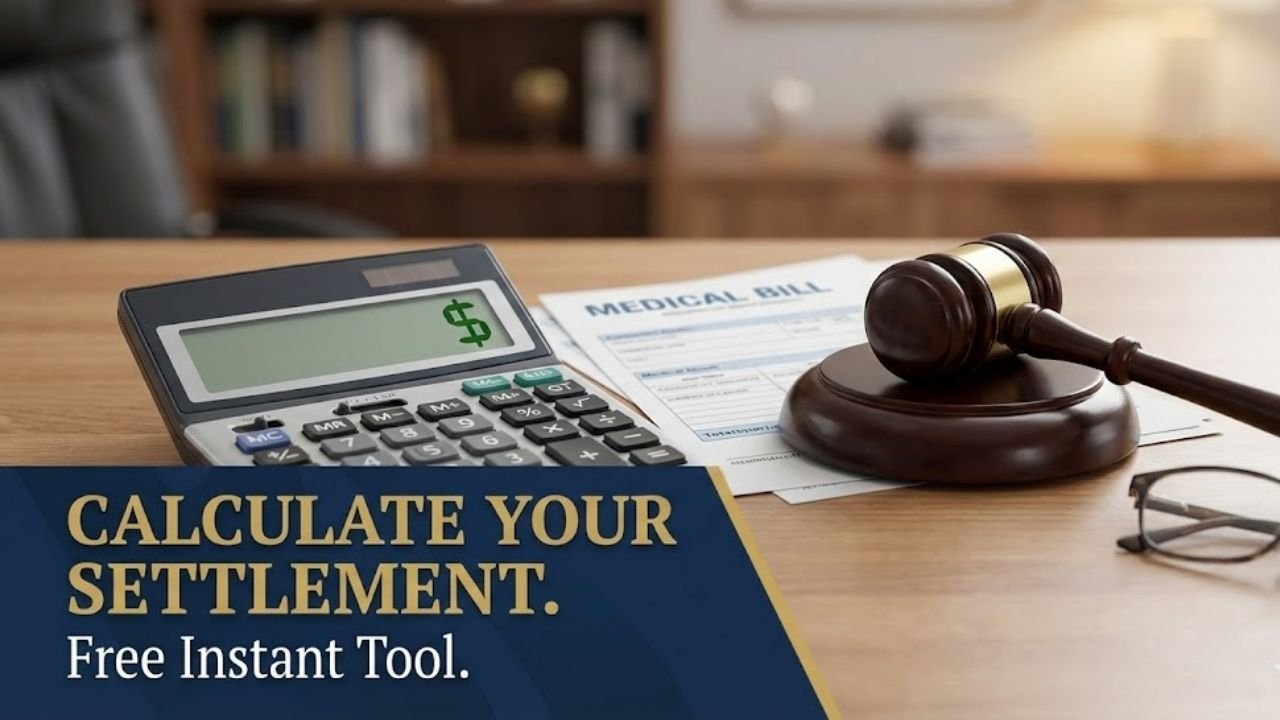 Personal injury settlement calculator tool showing a legal gavel, calculator with dollar sign, and medical bills on a desk.
