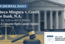 Law Journal Daily graphic reporting on the Rebeca Mingura v. Credit One Bank, N.A. lawsuit (Case No. 3:25-cv-06712). The image highlights TCPA consumer rights allegations and shows a docket update for a pending "Motion to Compel Arbitration" as of February 5, 2026.