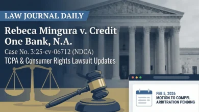 Law Journal Daily graphic reporting on the Rebeca Mingura v. Credit One Bank, N.A. lawsuit (Case No. 3:25-cv-06712). The image highlights TCPA consumer rights allegations and shows a docket update for a pending "Motion to Compel Arbitration" as of February 5, 2026.