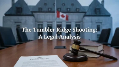 A wooden gavel and a document labeled Canada Criminal Code on a table, with a blurred Canadian courtroom background, representing the legal analysis of the Tumbler Ridge shooting.