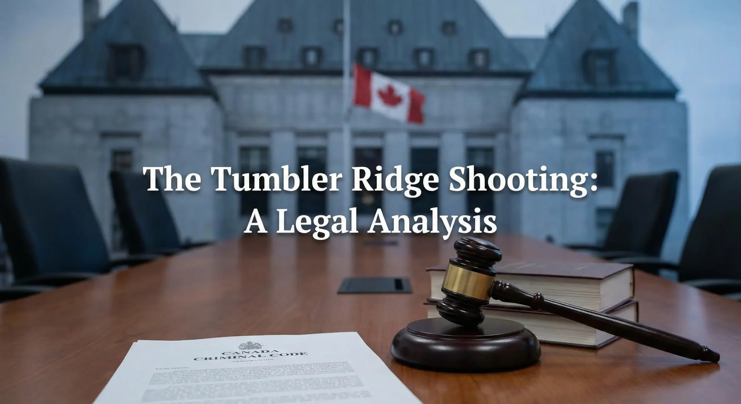 A wooden gavel and a document labeled Canada Criminal Code on a table, with a blurred Canadian courtroom background, representing the legal analysis of the Tumbler Ridge shooting.