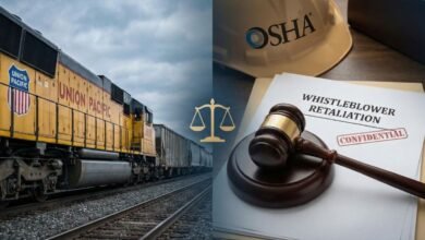 Union Pacific railroad locomotive on tracks contrasted with a legal gavel, OSHA hard hat, and whistleblower retaliation documents, symbolizing FRSA worker protections.