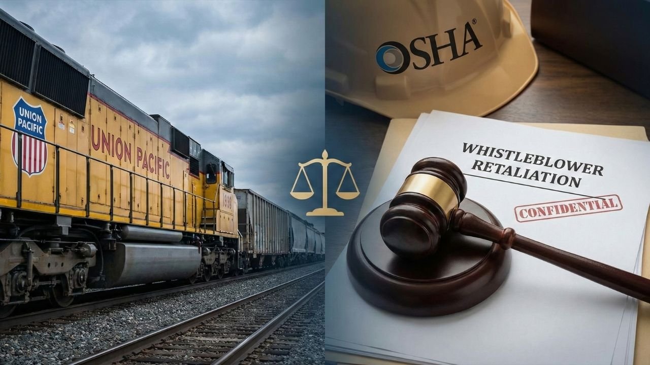 Union Pacific railroad locomotive on tracks contrasted with a legal gavel, OSHA hard hat, and whistleblower retaliation documents, symbolizing FRSA worker protections.