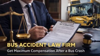 Bus accident law firm lawyer reviewing bus crash injury compensation claim document