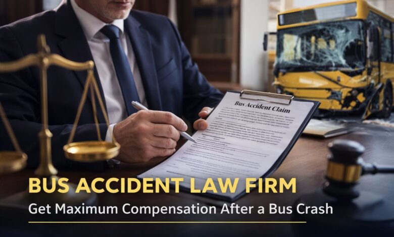 Bus accident law firm lawyer reviewing bus crash injury compensation claim document