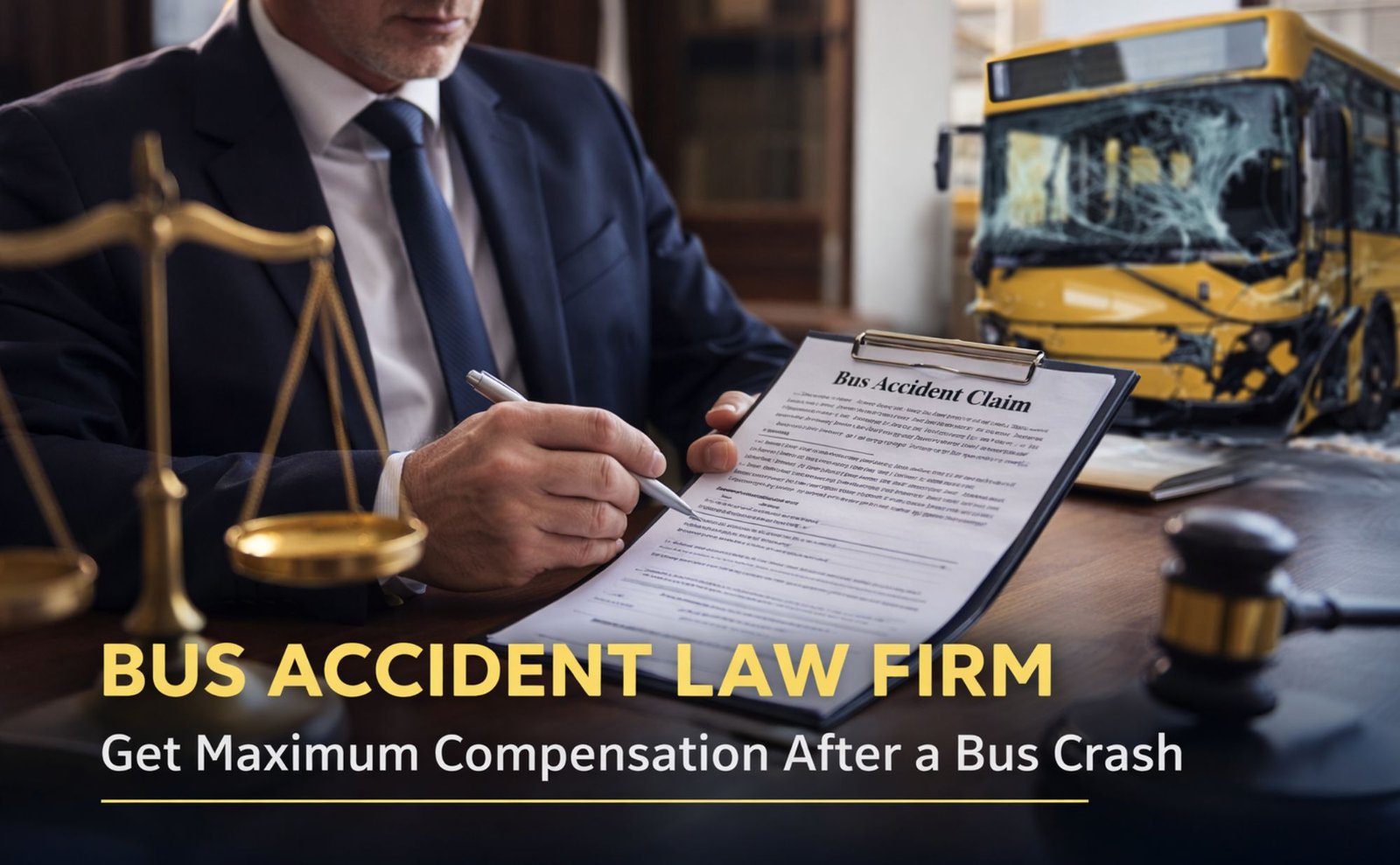 Bus accident law firm lawyer reviewing bus crash injury compensation claim document