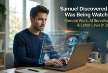 A male remote worker named Samuel looking at a laptop with futuristic AI surveillance graphics showing keystroke logging and productivity scores, illustrating 2026 labor laws.