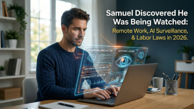 A male remote worker named Samuel looking at a laptop with futuristic AI surveillance graphics showing keystroke logging and productivity scores, illustrating 2026 labor laws.