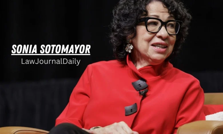 A close-up portrait photograph of Supreme Court Justice Sonia Sotomayor, wearing a striking bright red jacket with unique large buttons and black-framed glasses, smiling and gesturing while speaking. Text overlay reads "SONIA SOTOMAYOR LawJournalDaily".